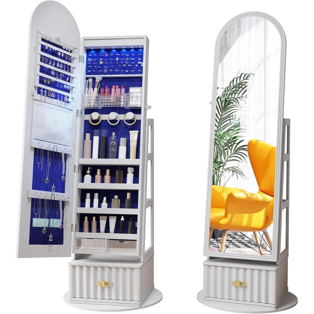 Storage & Organization - ตู้กระจกยาว 63 นิ้วพร้อมที่เก็บของ – ตู้เสื้อผ้าหมุนได้พร้อมระบบล็อก บุด้วยกำมะหยี่