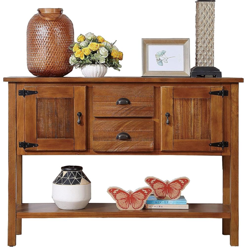 Storage & Organization - โต๊ะไม้เนื้อแข็งพร้อมลิ้นชัก โต๊ะโซฟาสำหรับทางเข้าบ้านสไตล์อาร์มเฮาส์ | โต๊ะโซฟาสีน้ำตาลขนาด 46.5 นิ้ว